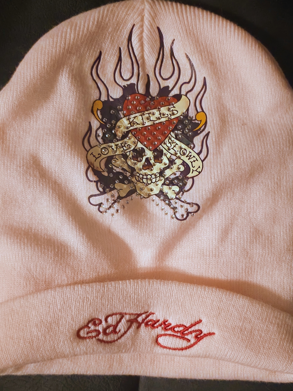 Ed Hardy Pink Beanie with Embellished Skull & Heart Graphic